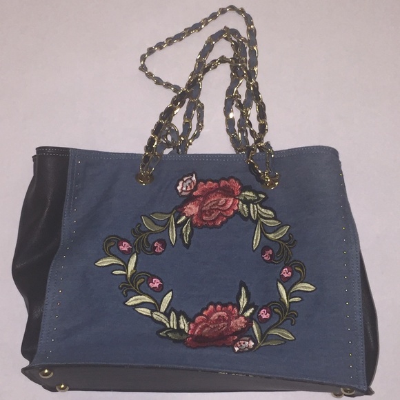 Dream Control Handbags - Chain, Denim floral embroidered tote